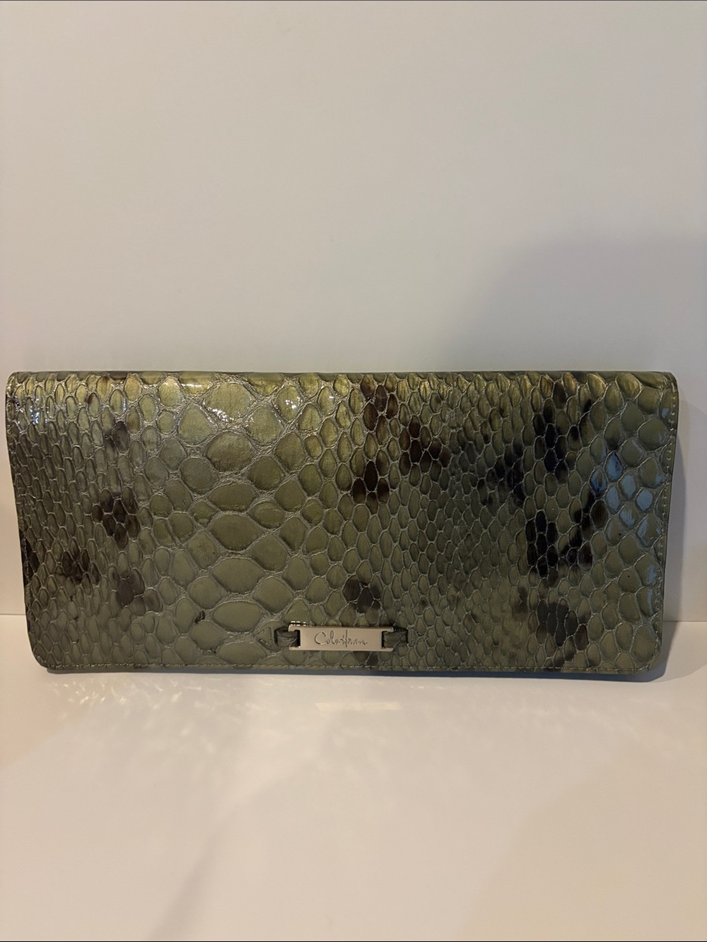 Vintage Cole Haan Gunsmoke Anaconda Patent Olive Green Snakeskin-Effect Clutch